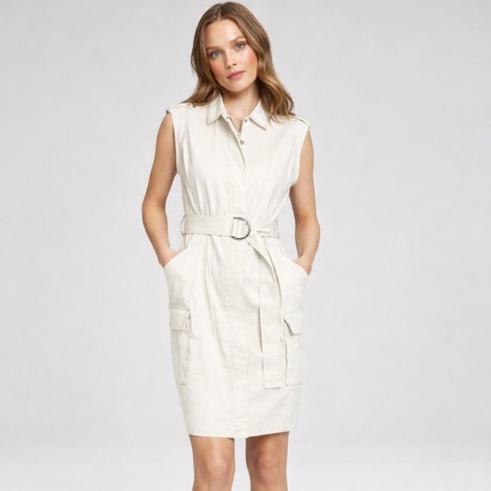 Calvin Klein Sleeveless Zip-Front Belted Dress Soft White Linen Blend